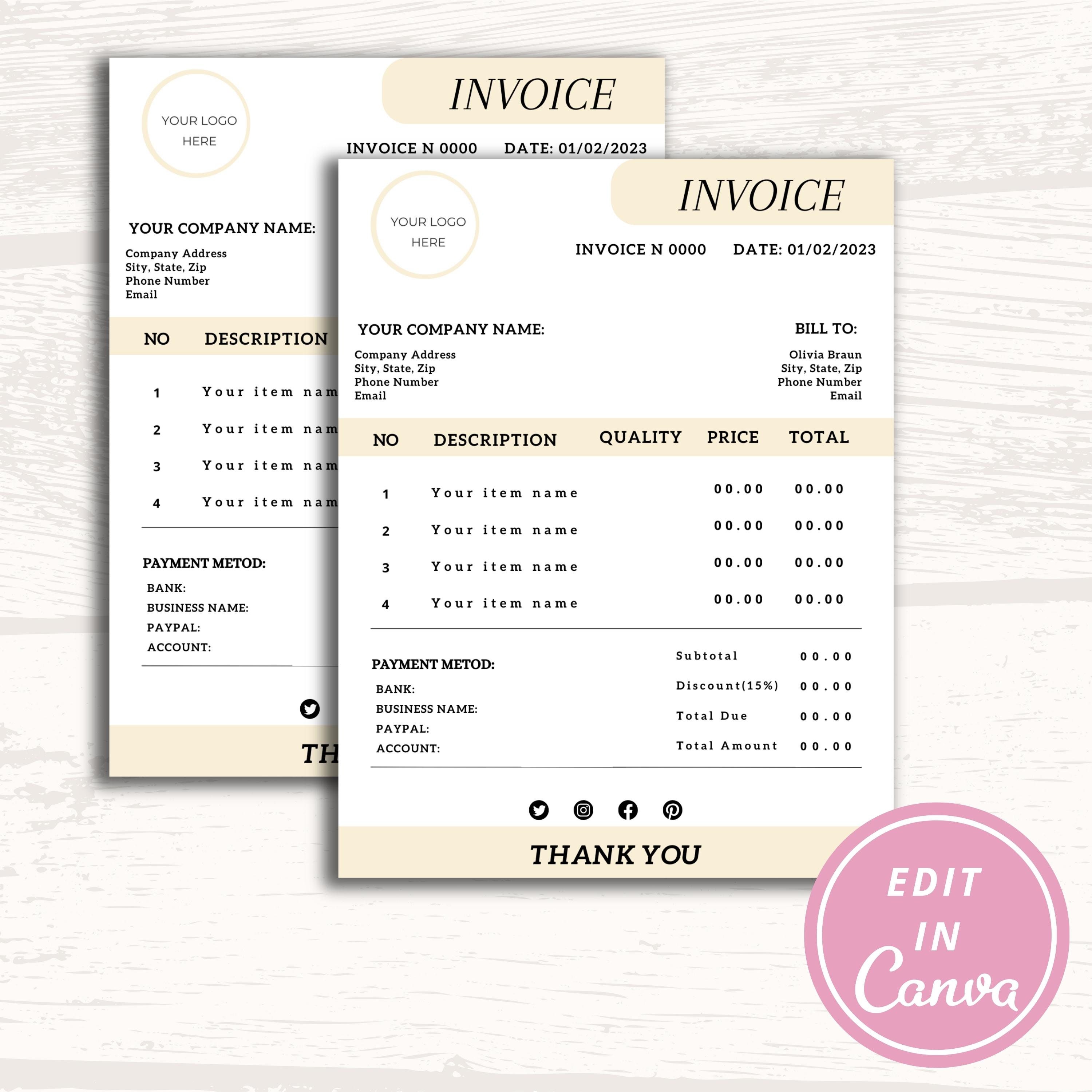 Invoice Template Editable Canva Template, Custom Order Form Printable ...