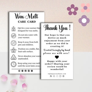 Printable Wax Melt Card Template | Editable Canva Design, Thank You for Supporting Small Business, Candle Care Instructions and Business
