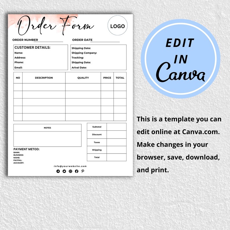 Editable Order Form Template: Custom Printable for Small Business ...