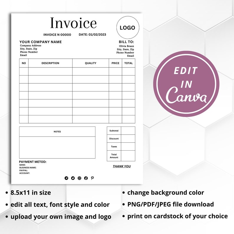 Invoice Template | Editable Canva Template, Custom Order Form Printable ...