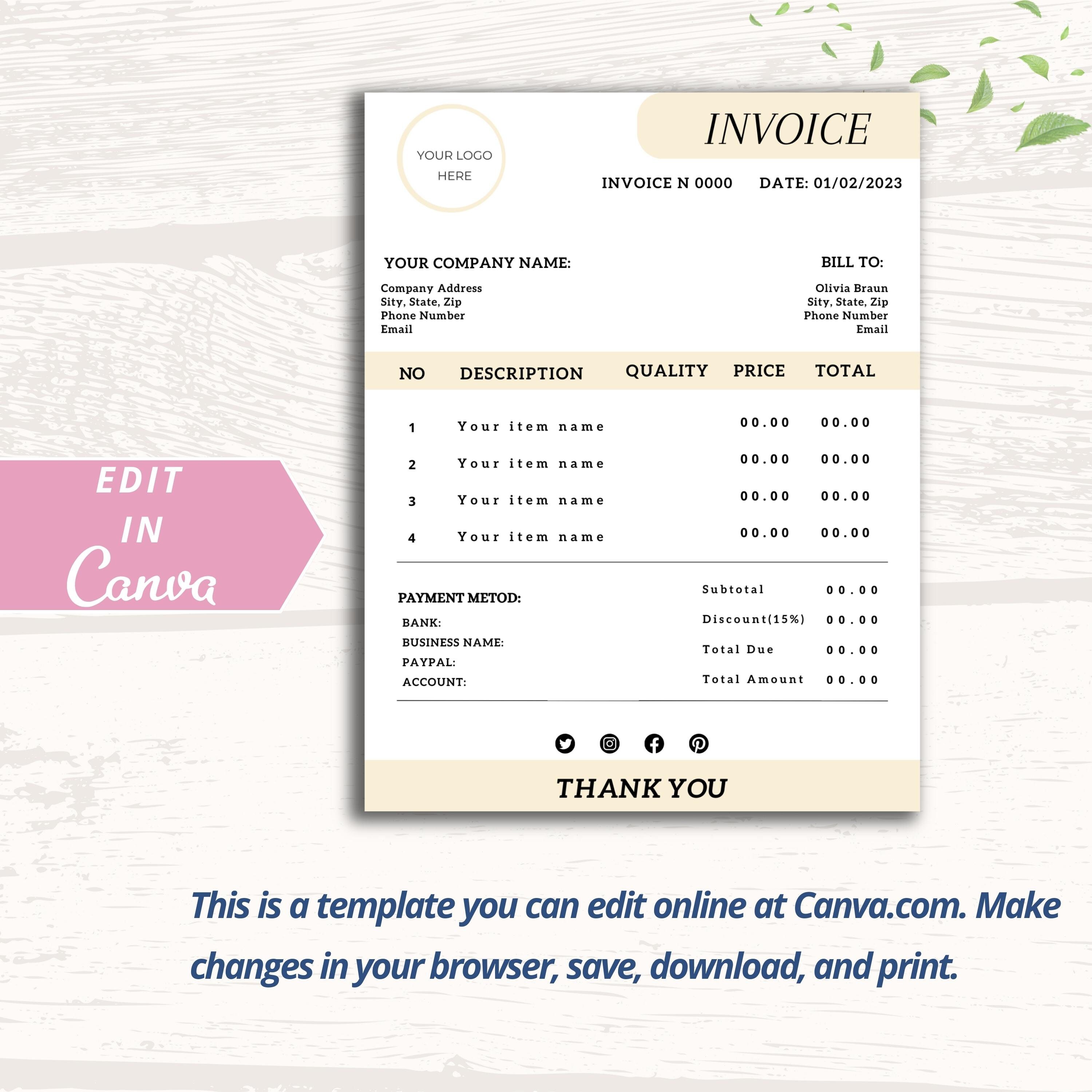 Invoice Template Editable Canva Template, Custom Order Form Printable ...