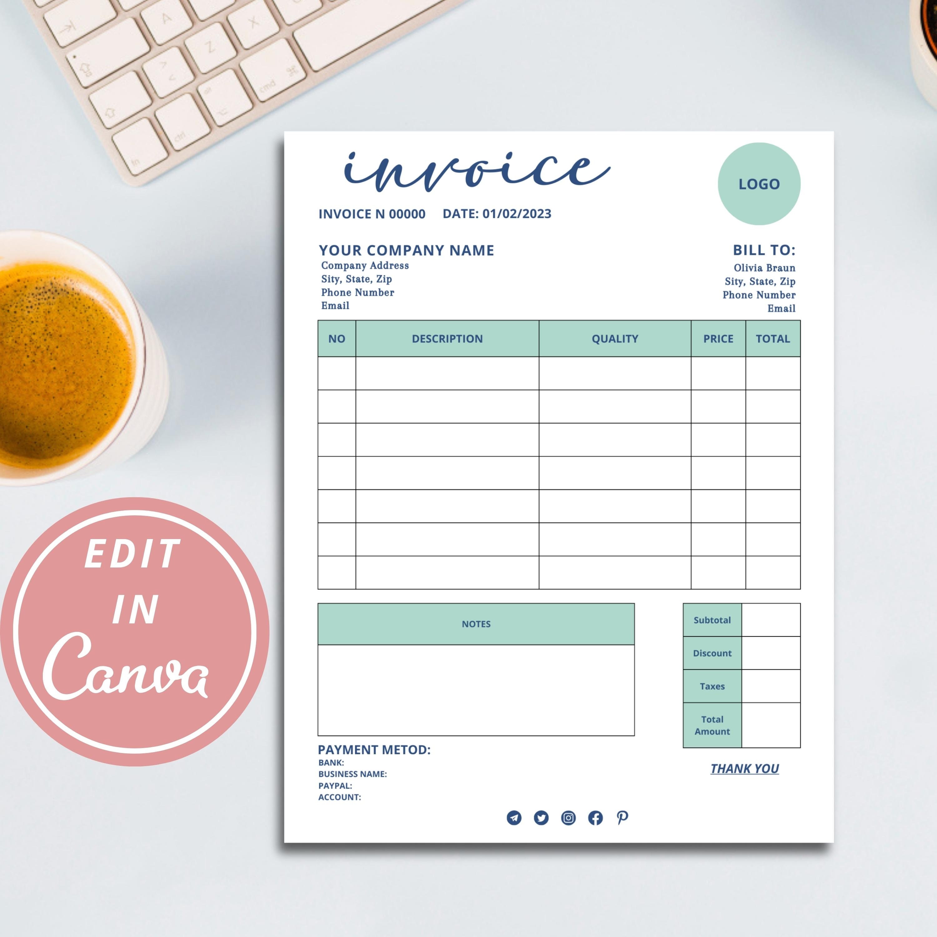 Invoice Template Editable Canva Template Custom Order Form - Etsy