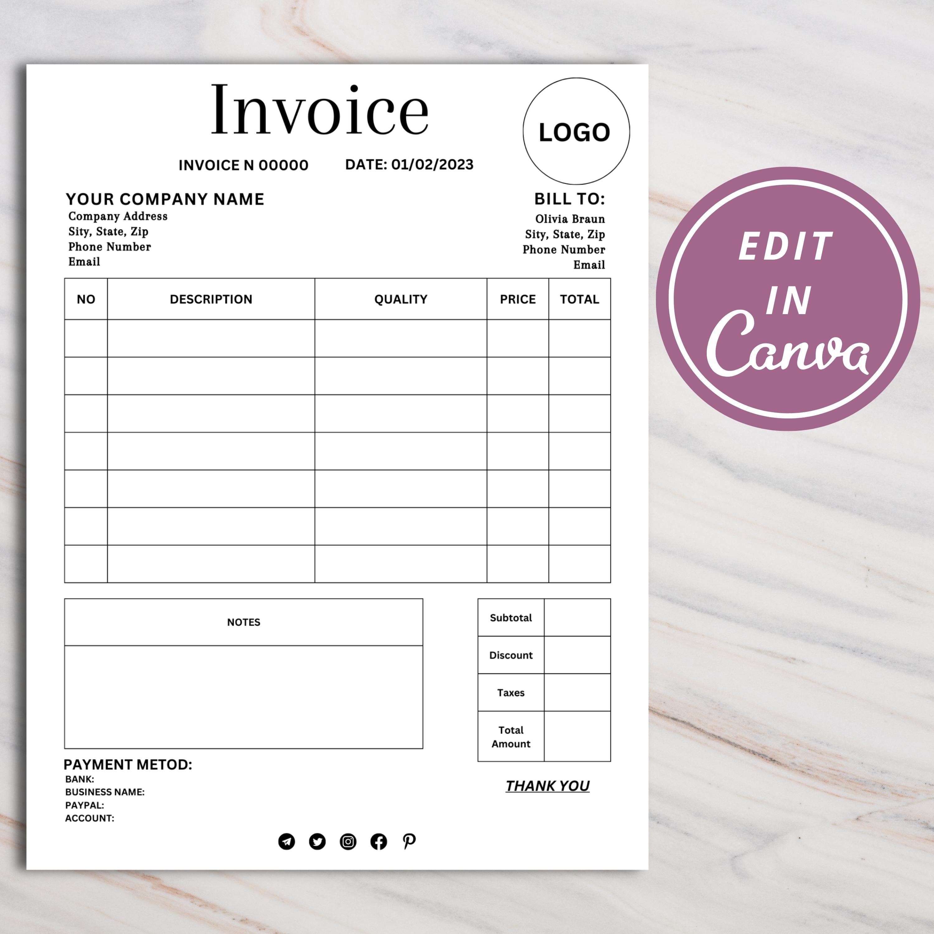 Invoice Template Editable Canva Template, Custom Order Form Printable ...