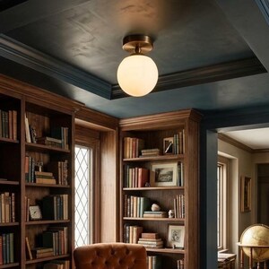 Mid-Century Modern Brass & Glass Globe Flush Mount Light Fixture, Spherical Ceiling Light
