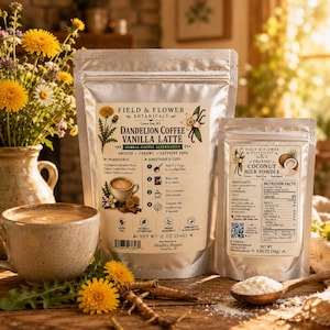 以下が含まれることがあります： Field & Flower Botanicalsのハーブコーヒー代替品が入った銀色のアルミパウチ2袋。大きいパウチはDandelion Coffee Vanilla Latteで正味重量56g。小さいパウチはOrganic Coconut Milk Powderで正味重量24g。