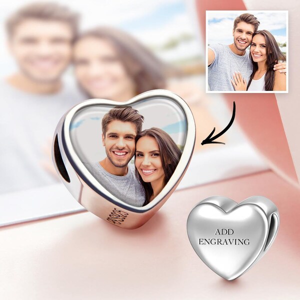 Ciondolo con foto a forma di cuore inciso personalizzato: personalizza i tuoi ricordi, adatto al braccialetto Pandora