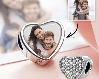 Custom Heart Photo Charm Personalized Picture Bead with Pave CZ