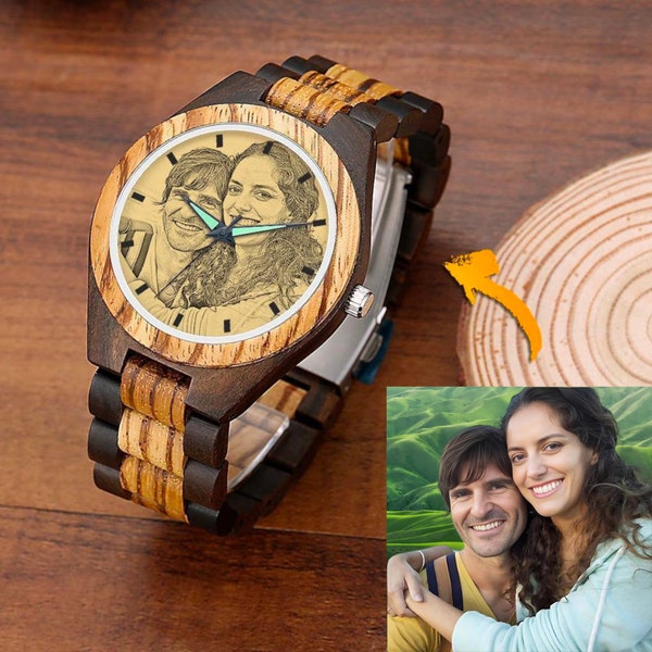 Wooden Elegance: Personalized Photo Watch Engraved - Picture Watches with Custom Text 45mm Wood Strap Sentimental Valentines Gift for Him