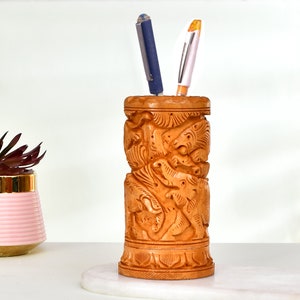Handcrafted Wooden Pen Holder: Carved Desk Organizer (6 Inch)