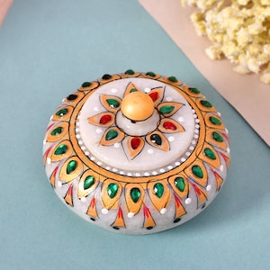 Handcrafted Marble Kumkum Sindoor Box | Meenakari Sindoor Dani | Indian Poojakumkum Box | Wedding Return Gift | Temple Decor