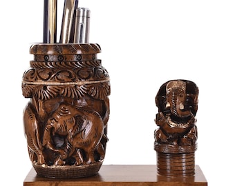 Portalápices de madera con Ganesha para escritorio de niños, uso en la oficina y regalos (bolígrafo no incluido)