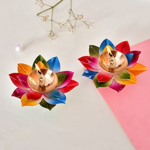 Lotus Brass Oil Diya: Multi Color Home Decor, Diwali Gift (2 Pcs)
