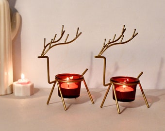 Metal Tea Light Candle Holder Diwali Decoration Items Home Decor Items (Dear Shape, Gold, 2 Pcs)