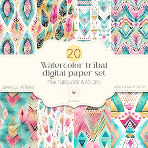 Puede incluir: Un conjunto de 20 papeles digitales con patrones tribales de acuarela en rosa, turquesa y dorado. Los patrones son sin costuras y se pueden utilizar para una variedad de proyectos, como scrapbooking, creación de tarjetas y diseño digital.