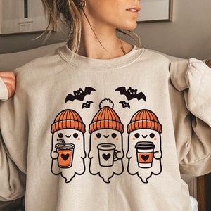Cute Ghost Drinking Coffee Sweatshirt, Fall Coffee Lover Hoodie, Halloween Party Shirt, Fall Graphic Shirt, Ghost Ice Coffee, Spooky Season