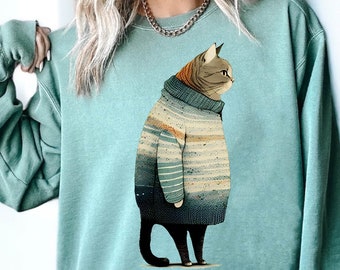 Fat Gray Cat in Sweater, Gift Cat Lover Gift, Unisex Winter Crewneck Sweatshirt  Cotton Comfort Colors Sweatshirt, Pet Lover