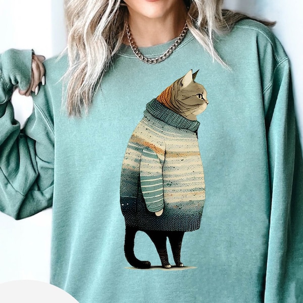 Fat Gray Cat in Sweater , Christmas Gift Cat Lover Gift, Unisex Winter Crewneck Sweatshirt  Cotton Comfort Colors Sweatshirt, Pet Lover