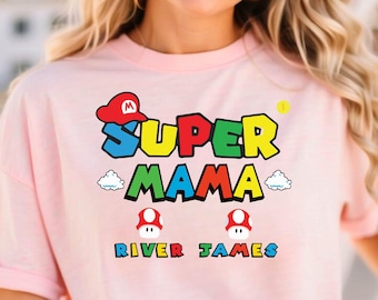 Personalisierbares Super Mama Shirt, Tshirt mit den Namen von Mutter und Kindern, Muttertagsgeschenk, Geschenk von Kindern an Mutter