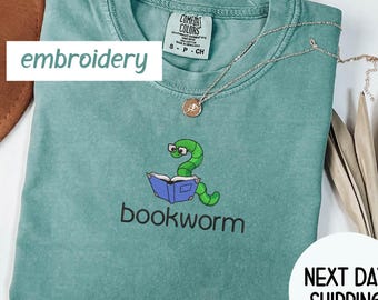 Comfort Colors® Bookworm Embroidered T-Shirt – Gift for Book Lovers, Bookish Gifts , Teacher Gift , Reading Embroidered Shirt , Bookworm Tee