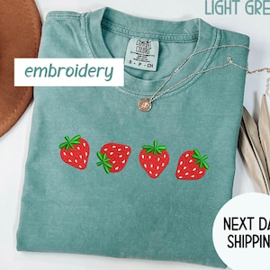 Strawberry Embroidered Comfort Colors® Shirt, Fruit Shirt, Summer Shirt, Trendy Embroidered Women Tshirt, Embroidered Tee, Cute Strawberries