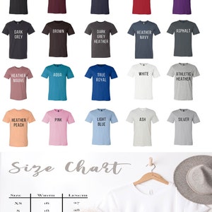 May include: Color chart showing 18 different colors of Bella + Canvas 3001 unisex jersey t-shirts. The chart also includes a size chart with measurements in inches for width and length.