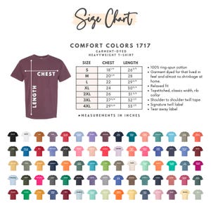 May include: A maroon Comfort Colors heavyweight t-shirt with a size chart. The chart lists chest and length measurements in inches for sizes S to 4XL. The image also shows a variety of t-shirt colors.