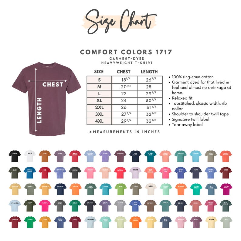 May include: A maroon Comfort Colors heavyweight t-shirt with a size chart. The chart lists chest and length measurements in inches for sizes S to 4XL. The image also shows a variety of t-shirt colors.