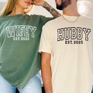 Comfort Colors® Custom Wifey and Hubby Shirt, Matching Couple Shirt , Wedding Party Shirt, Custom Wife and Hubs Shirts, Just Married Shirt