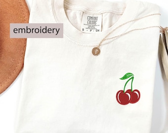 Embroidered Cherry T-Shirt, Cherries Shirt, Comfort Colors Summer Shirt, Embroidered Tee, Embroidered Shirt, Cute Cherries T-Shirt