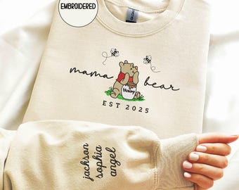 Embroidered Custom Mama Sweatshirt, Personalized Mama Bear Shirt With Kids Names Sleeve Sweater