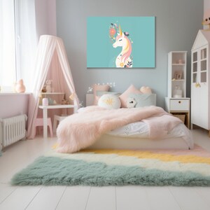 Adorable Unicorn Canvas - Kids&#39; Wall Art, Light Cyan and Pink Decor, Playful Nursery Decor, Magical Unicorn Print, Whimsical Children&#39;s Art