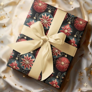 Elegant Christmas Wrapping - Intricately Designed Christmas Ornaments - Festive Holiday Gift Wrap with Ornate Decorations
