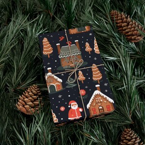 Embrulho de Natal - Papai Noel Preto e Casas de Pão de Gengibre - Papel de Embrulho Festivo para Presente de Natal