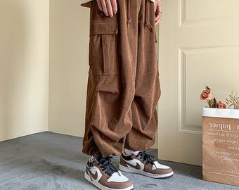 Pantalon streetwear en velours côtelé ébène design vintage Streetwear Baggy Pants Idée cadeau Pantalon cargo unisexe en velours côtelé de l'an 2000 - Offre limitée et stock !!!