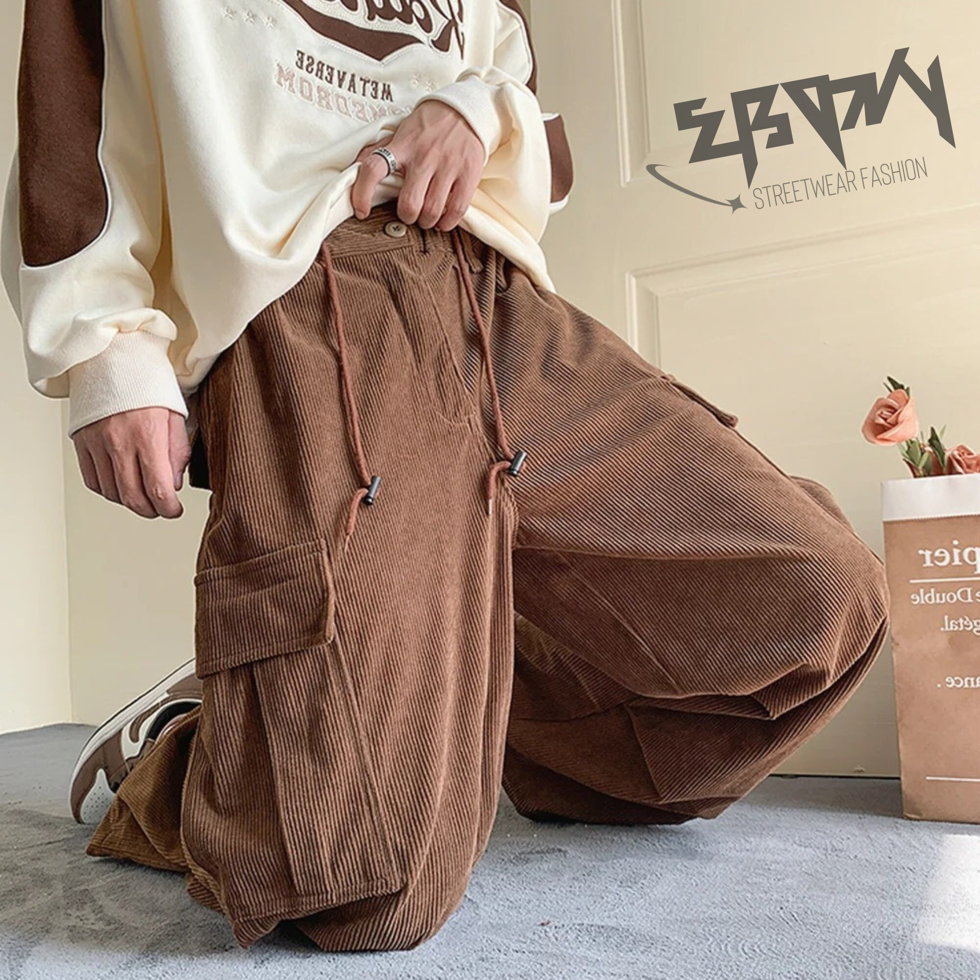 ZAFUL Women's Mid Rise Drawstring Cargo Pants Graphic Printed Windbreaker  Jogger Pants Loose Trousers
