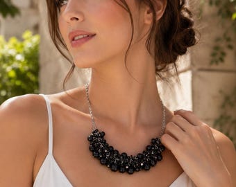Black Glass Pearl Statement Necklace, Handmade Cluster Necklace, Elegant Beaded Jewelry Gift for Women