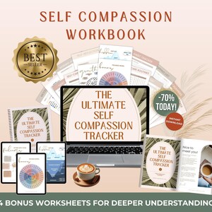 Printable Self Compassion Workbook for Personal Growth and Mindfulness / Digital Daily Habit Tracker Journal with Bonus Worksheets