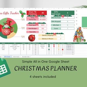 Foglio di calcolo del pianificatore di Natale, monitoraggio delle spese, monitoraggio dei regali, monitoraggio delle carte e attività di dicembre. Pianificazione delle vacanze tutto in un foglio Google