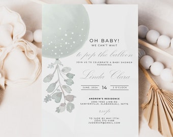 Balloon Baby Shower Invitation, Eucalyptus Baby Shower Invitation, Minimalist Baby Shower Invitation, Balloon Invitation Template, DIY Canva