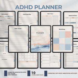 Könnte beinhalten: Ein digitaler ADHD-Planer, der auf mehreren Tablets angezeigt wird. Der Planer enthält Abschnitte für die tägliche, monatliche und Zielplanung, die Gewohnheitsverfolgung und wichtige Daten. Das Cover zeigt Aquarellkunst. Der Text auf dem Bild lautet "ADHD PLANNER" und "10 Hyperlink-Seiten."
