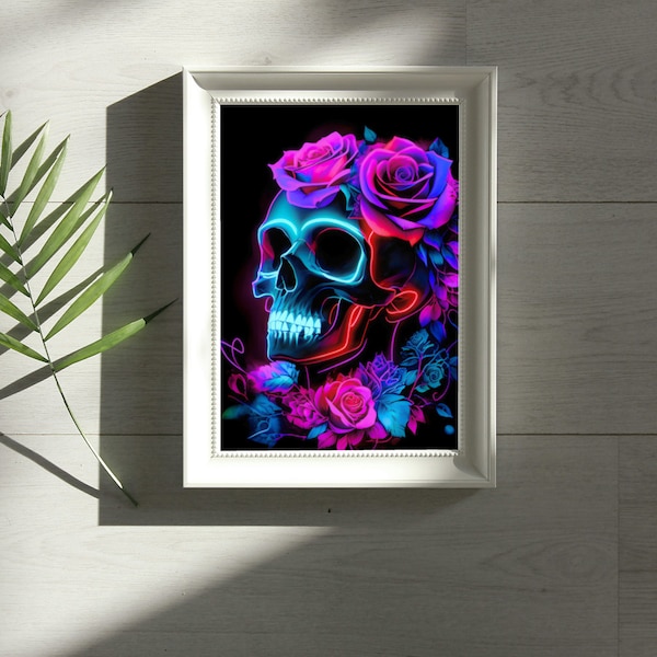 Poster skull | Décoration d'intérieur | Wall Art | Poster Vintage | Affiche murale | Roses | Idée cadeau | Néon