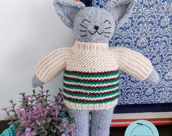 Two-needle Gatico knitting pattern, doll tutorial in circular needles, pattern to knit a stuffed cat