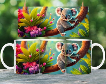 Koala Sublimation Mug - Digital Design - 330ml/11oz Mug Template - Wrap Design - PNG