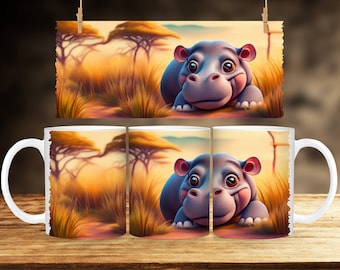 Hippo Sublimation Mug - Digital Design - 330ml/11oz Mug Template - Wrap Design - PNG