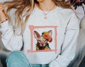 Sphynx Cat Flower Crown Sweatshirt | Boho Style Cat Sweater | Hairless Cat Crewneck | Cat Mom Shirt