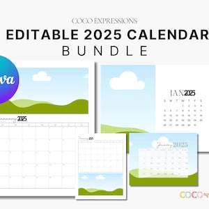 Puede incluir: Paquete de calendarios editables 2025 con un diseño de paisaje verde y azul. El calendario está disponible en Canva. El texto "COCO EXPRESSIONS" está en la parte superior de la imagen.