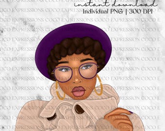 Black Girl Fashion Clipart: African American Woman with Beret (PNG Digital Download)