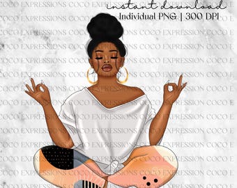 Meditating Black Girl Clipart: Fashion Illustration (PNG Digital Download)