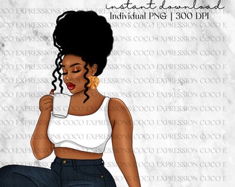 Coffee Girl Clipart: African American Fashion Illustration (PNG)