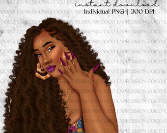 Boho Black Girl Clipart: Fashion Illustration, African American Art (Digital Download)